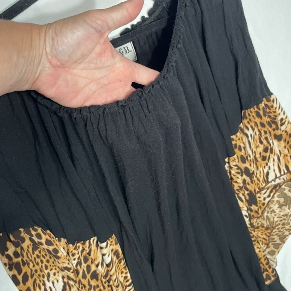 L&B Western Boho Black Top Animal Print Flare Sleeve Peasant Blouse Mob Wife XL